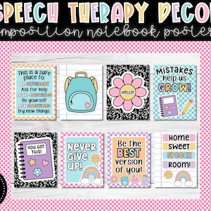 May include: A collection of speech therapy decor posters with motivational quotes and illustrations. The posters feature a variety of designs, including a backpack, flower, notebook, and rainbow. The text on the posters includes phrases like "Be Different" and "Never Give Up!"