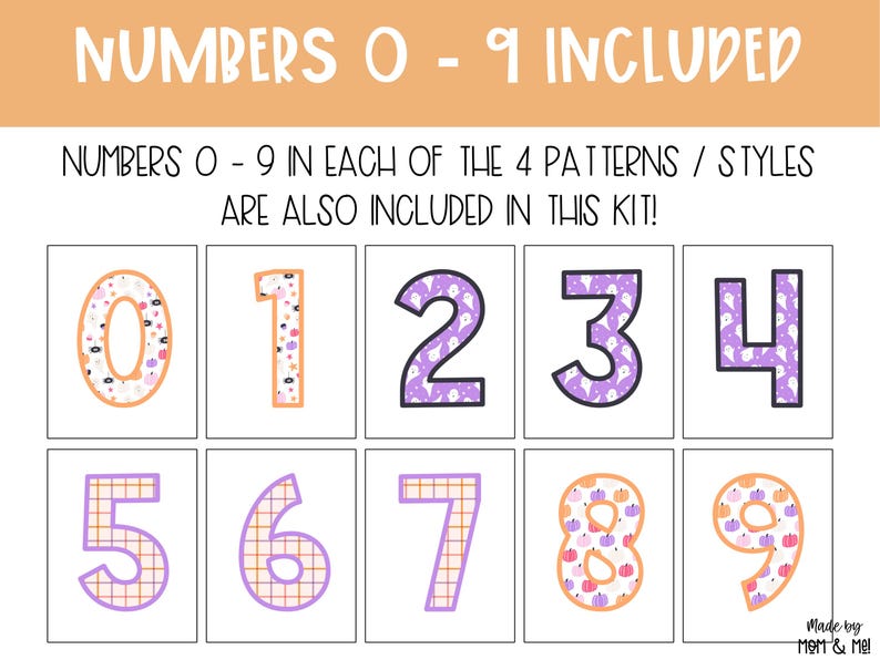 May include: A set of number cards, 0-9, in various patterns. The numbers are displayed in a grid, each with a unique design, including ghost, pumpkin, and plaid patterns. The text "NUMBERS 0 - 9 INCLUDED" is at the top.