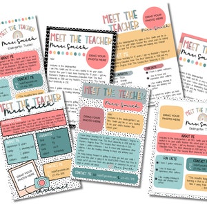 May include: A set of printable meet the teacher cards featuring a colorful rainbow design and the text "Meet the Teacher Mrs. Smith". The cards include information about the teacher, such as their favorite things, fun facts, and contact information. The cards are designed to be used by kindergarten teachers to introduce themselves to their students and parents.