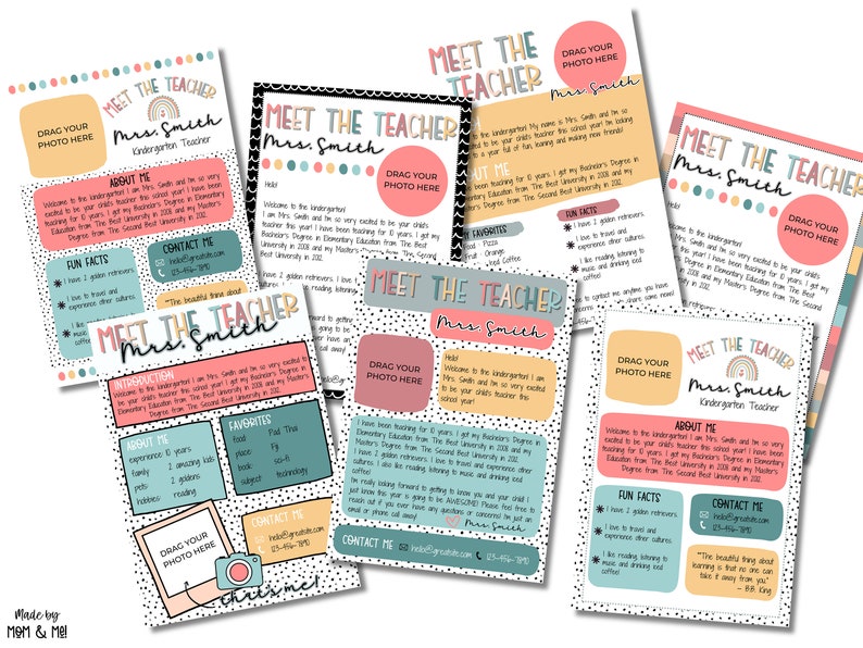 May include: A set of printable meet the teacher cards featuring a colorful rainbow design and the text "Meet the Teacher Mrs. Smith". The cards include information about the teacher, such as their favorite things, fun facts, and contact information. The cards are designed to be used by kindergarten teachers to introduce themselves to their students and parents.