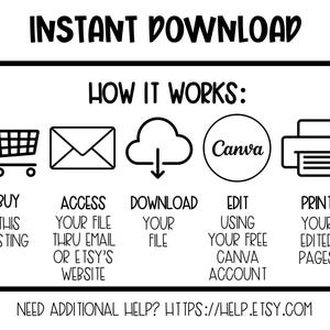 May include: Black and white illustration showing how to download, edit, and print a digital product using Canva. The steps include buying the listing, accessing the file through email or Etsy's website, downloading the file, editing the file using a free Canva account, and printing the edited pages.