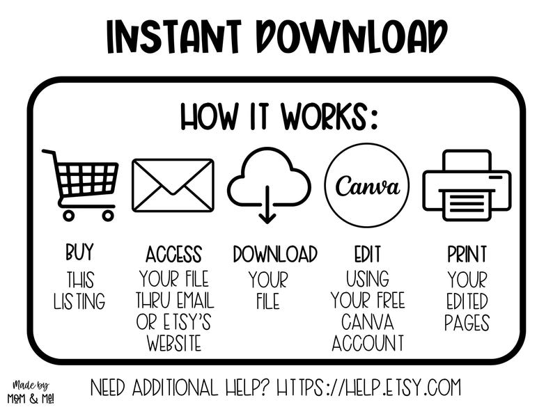 May include: Black and white illustration showing how to download, edit, and print a digital product using Canva. The steps include buying the listing, accessing the file through email or Etsy's website, downloading the file, editing the file using a free Canva account, and printing the edited pages.