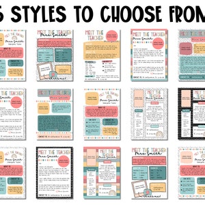 May include: Fifteen different styles of printable "Meet the Teacher" templates for teachers to use to introduce themselves to their students. The templates feature a variety of colorful backgrounds and designs, including polka dots, stripes, rainbows, and geometric patterns. Each template includes space for the teacher's name, a photo, and information about their teaching experience, interests, and contact information.