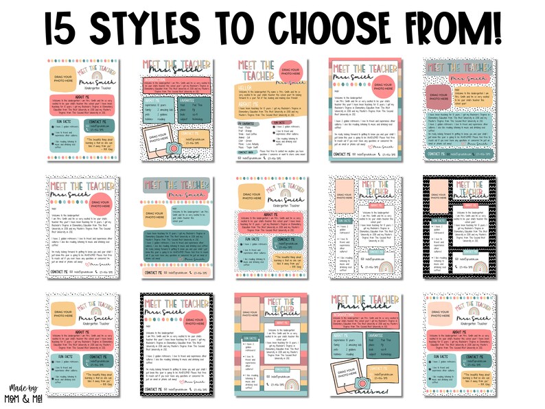 May include: Fifteen different styles of printable "Meet the Teacher" templates for teachers to use to introduce themselves to their students. The templates feature a variety of colorful backgrounds and designs, including polka dots, stripes, rainbows, and geometric patterns. Each template includes space for the teacher's name, a photo, and information about their teaching experience, interests, and contact information.