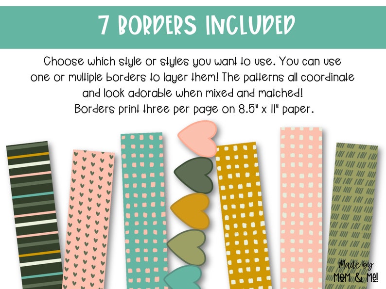 May include: Seven printable borders with different patterns, including stripes, hearts, polka dots, and lines. The borders are designed to be printed on 8.5 x 11 inch paper.