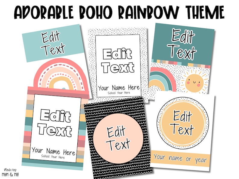 May include: Set of six printable boho rainbow themed classroom labels with editable text boxes. The labels feature a rainbow, sun, and black and white patterns.