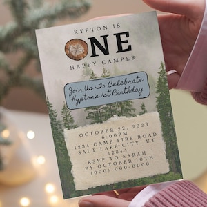 Happy Camper Birthday Invitation, First Birthday, Camping Theme Party, Instant Download, Editable Template, Digital Invite