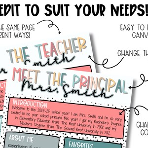 May include: A printable template for a "Meet the Teacher" or "Meet the Principal" page. The template features a colorful, handwritten title with the text "Meet the Teacher with Mr. Smith" or "Meet the Principal Mrs. Smith". The template includes sections for an introduction, about me, and favorites. The template is designed to be edited in Canva.