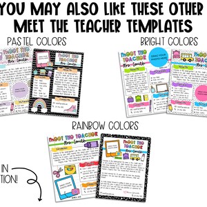 May include: Four printable "Meet the Teacher" templates in pastel, bright, and rainbow color schemes. Each template features a school bus, a teacher's desk, and a place to add a photo. The text "Meet the Teacher" and "Mrs. Smith" is included on each template.