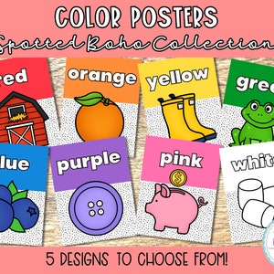 May include: Set of 10 color posters featuring a spotted boho design. Each poster features a different color word and a simple illustration. Colors include red, orange, yellow, green, blue, purple, pink, and white.
