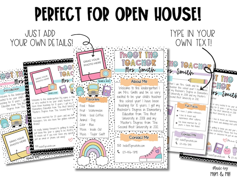 May include: A printable "Meet the Teacher" template for open house. The template features a colorful design with a rainbow, clouds, and polka dots. It includes sections for the teacher's introduction, favorites, fun facts, and contact information. The template is customizable with text and a photo.