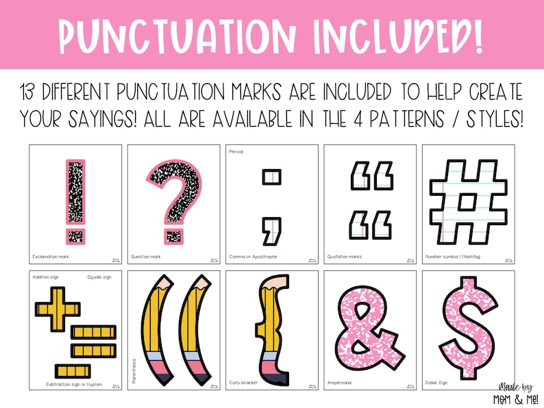 May include: A set of 13 different punctuation marks in four different styles. The punctuation marks are in pink, black, yellow, and white. The punctuation marks include an exclamation point, question mark, period, comma, quotation marks, number sign, plus sign, equals sign, minus sign, parentheses, curly brackets, ampersand, and dollar sign.
