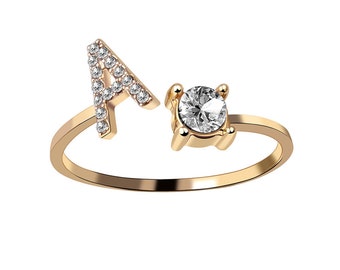 Love Initial Ring Adjustable Gold with Gems for Lovers Perfect Gift