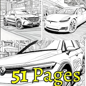 May include: Black and white coloring book pages featuring illustrations of electric car models. The cover features the text "COLORING PAGES ELECTRIC CAR MODELS" and "51 Pages".