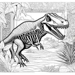 以下が含まれることがあります： 先史時代のジャングルを舞台にした、詳細な白黒のイラスト。ティラノサウルスレックスが、骨格構造が見えるように描かれ、豊かな葉と遠くの風景に囲まれています。