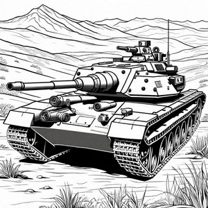 May include: Black and white illustration of a military tank with a long barrel and multiple turrets. The tank is set against a backdrop of a mountainous landscape and sparse vegetation.