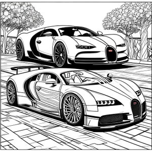 May include: A black and white line drawing of two Bugatti Chiron sports cars. The cars are facing the viewer and are parked on a street with trees in the background.