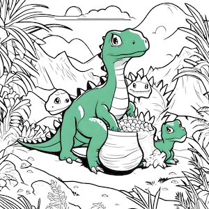 以下が含まれることがあります： 長い首と金の入ったポットを持つ緑色の漫画の恐竜のイラスト。他の恐竜と山や植物の風景に囲まれています。画像は、緑色のアクセントが付いた白黒の線画です。