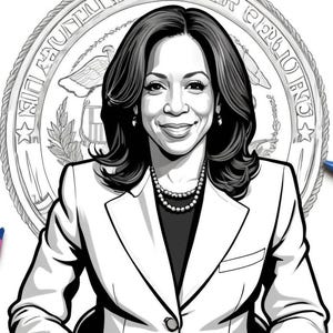 May include: Black and white line art illustration of a woman with long hair wearing a suit jacket. The woman is standing in front of a circular design with the words "LIBERTY, E PLURIBUS UNUM" around the edge.