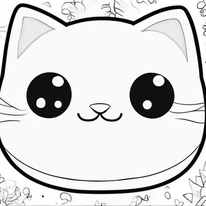 May include: A black and white line drawing of a cartoon cat with large eyes. The cat has a simple, cute expression.
