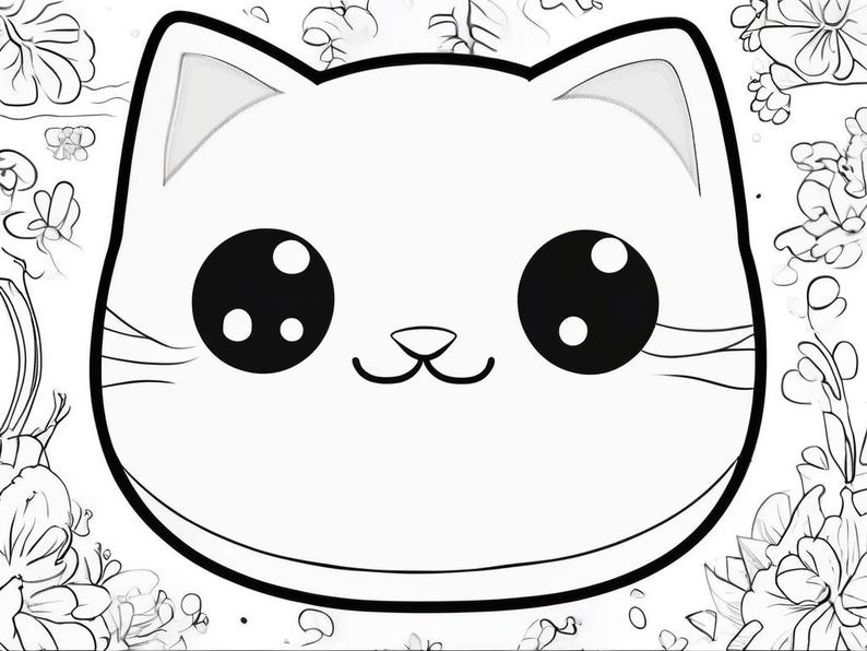 May include: A black and white line drawing of a cartoon cat with large eyes. The cat has a simple, cute expression.