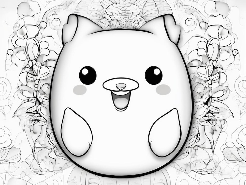 May include: A black and white line drawing of a cartoon animal with large eyes, a wide smile, and a round body. The animal is surrounded by a decorative background.