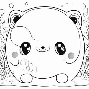 May include: A black and white line drawing of a cute cartoon animal with large eyes and a small nose. The animal is surrounded by flowers and plants.