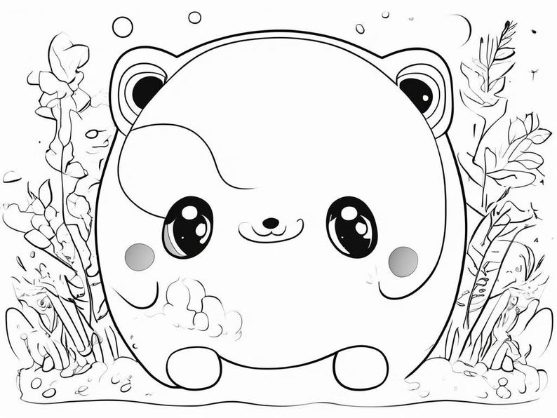 May include: A black and white line drawing of a cute cartoon animal with large eyes and a small nose. The animal is surrounded by flowers and plants.