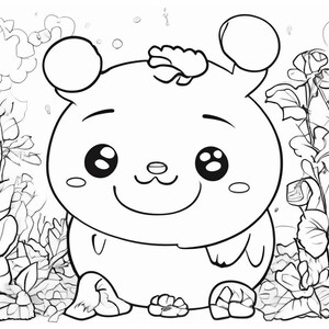 May include: A black and white line drawing of a cartoon animal with large eyes and a big smile. The animal is surrounded by flowers.
