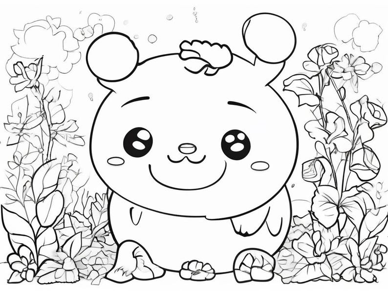 May include: A black and white line drawing of a cartoon animal with large eyes and a big smile. The animal is surrounded by flowers.