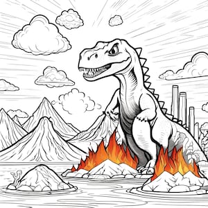 以下が含まれることがあります： 怒った表情の恐竜の白黒イラスト。背景には山、雲、炎が描かれています。恐竜が中心で、詳細な陰影と脅威的なポーズが特徴です。このシーンは先史時代のテーマを連想させます。