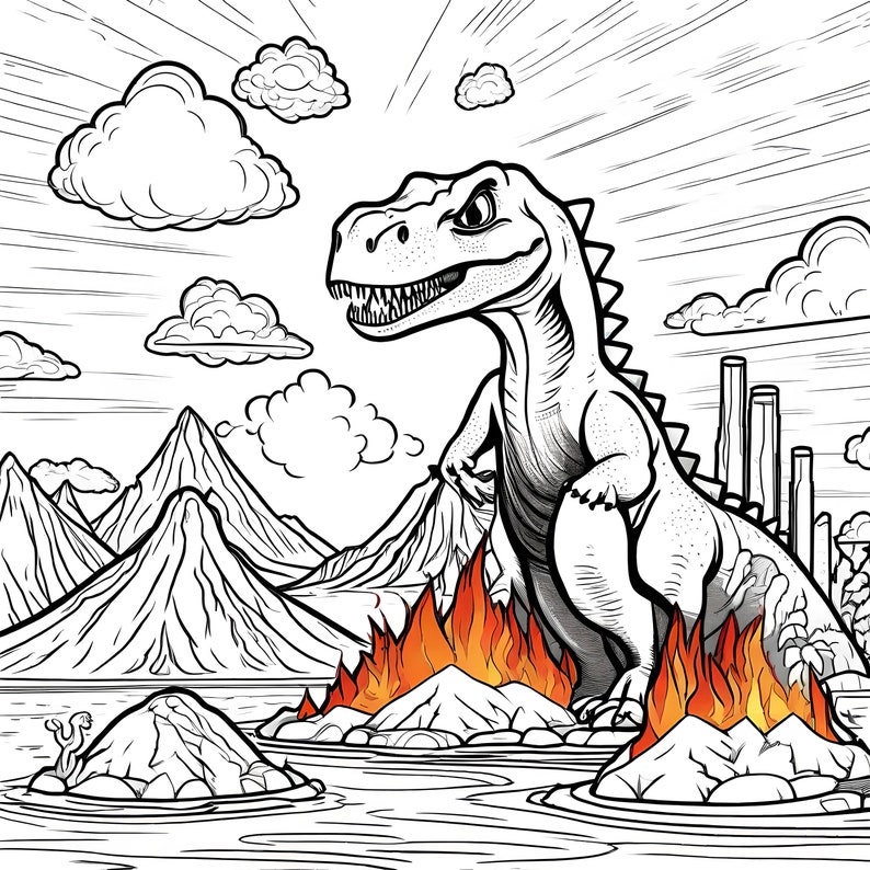 以下が含まれることがあります： 怒った表情の恐竜の白黒イラスト。背景には山、雲、炎が描かれています。恐竜が中心で、詳細な陰影と脅威的なポーズが特徴です。このシーンは先史時代のテーマを連想させます。