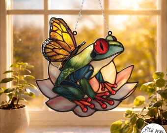 蓮の葉の上のカエルのアクリル窓飾り：フェイクステンドグラスアート