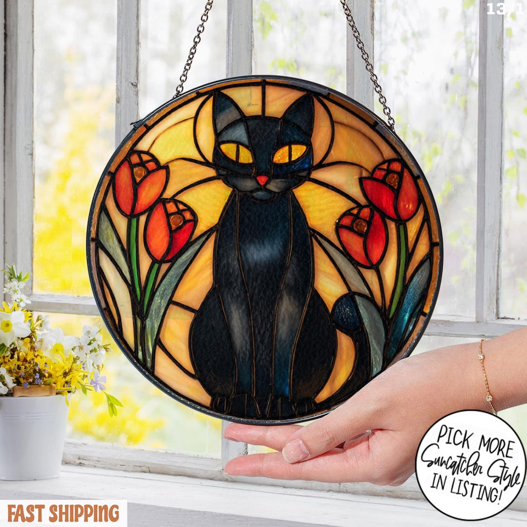 Black Cat Stained Glass Suncatcher With Red Flowers Perfect Gift for ...