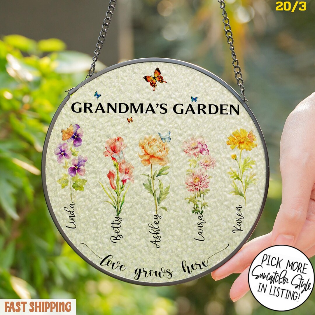 Personalized Grandma's Garden Stained Glass Suncatcher, Love Grows Here ...
