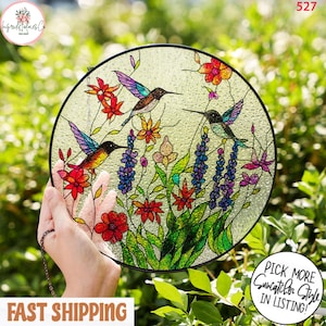 Hummingbirds and Wild Flowers Stained Glass Suncatcher, Indoor Decor, Window Hanging, Wall Art, Gifts for Women, Birth Suncatcher, Gift