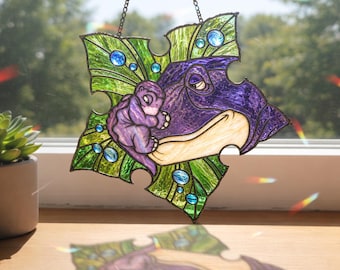 The Land Before Time Stained Glass Suncatcher, Inspired Little Foot and Mother Cartoon Tree Star Glass, Unique Gift For Mom and Grandma
