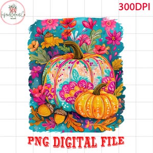 Fleurs d&#39;automne citrouilles Png, Sublimation de chemise d&#39;automne florale bohème, ambiance girly d&#39;automne Png, coup de pinceau automne preppy Png, saison citrouille rose Png