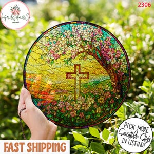 Christian Cross Wildflowers Stained Glass Suncatcher, Christian Faith Window Hanging, Christian Faith Home Decor, Cross Gift For Religious