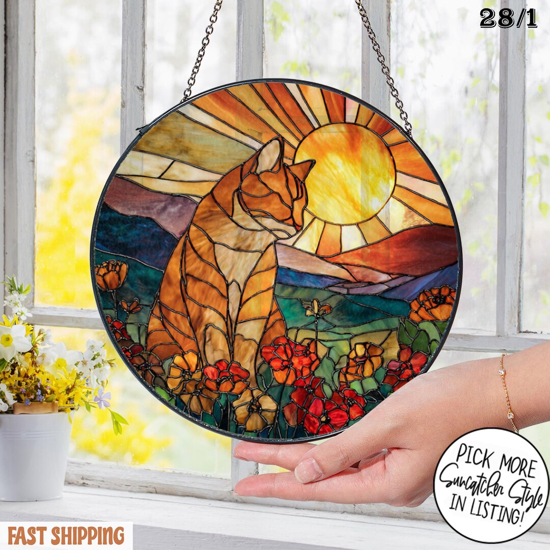 Cat Stained Glass Suncatcher, Mothers Day Gift for Mom, Poppies Flower ...