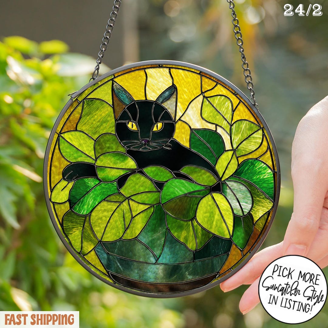 Black Cat Stained Glass Suncatcher, Botanical Cat Window Hanging, Round ...