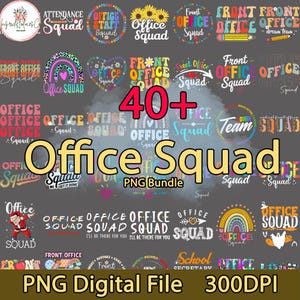 Puede incluir: Una colección de más de 40 diseños de archivos digitales PNG "Office Squad" coloridos. Los diseños incluyen varias fuentes, gráficos y temas, como girasoles, arcoíris y Papá Noel. La imagen también incluye el texto "PNG Digital File 300DPI".