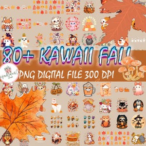 80+ Kawaii Fall PNG Bundle, Cute Autumn Halloween Animal Coffee Pumpkin PNGs for Sublimation, Cozy Fall Season Digital Download