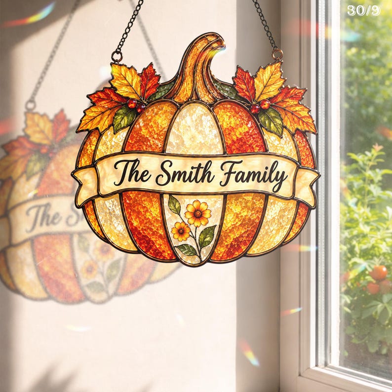 Small Fall Display Window Personalized Pumpkin Family Suncatcher, Custom Family Name Stained ...