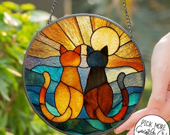 Charming Black Orange Cat Couple Garden Suncatcher, Stained Glass Window Hanging Glass Ornament Mom Gift, Birthday gift