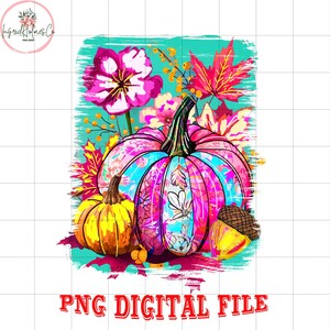 Fleurs d&#39;automne citrouilles Png, Sublimation de chemise d&#39;automne florale bohème, ambiance girly d&#39;automne Png, coup de pinceau automne preppy Png, saison citrouille rose Png