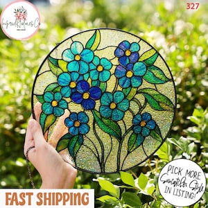 Forget-Me-Not Stained Glass Suncatcher, Blue Floral Window Hanging, Botanical Home Decor, Memorial Gift for Mom or Grandma, Spring Accent