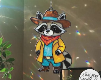 Cowboy Raccoon Stained Glass Suncatcher Home House Decor, Window Hanging Art Cling, Kid's Room Decor, Housewarming Gift, Animal Suncatcher