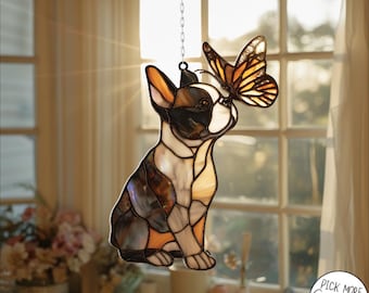 Attrape-soleil acrylique papillon Boston Terrier, Hologramme à accrocher sur fenêtre, attrape-soleil pour animal de compagnie, cadeau d'anniversaire, décoration d'intérieur