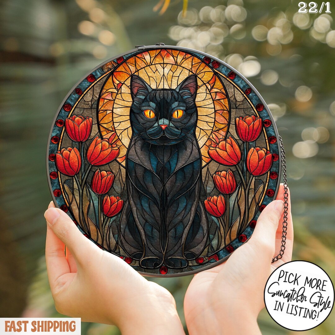 Black Cat Stained Glass Suncatcher With Red Flowers Suncatcher, Perfect ...